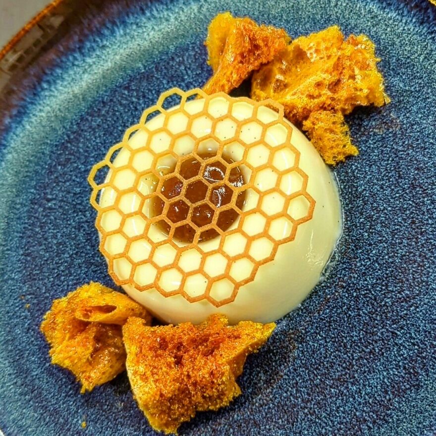 Pretty Chuffed With How This Dish Turned Out. Honey Panna Cotta, Pear Vanilla Caramel, Honey Tuile And Honeycomb 🤤