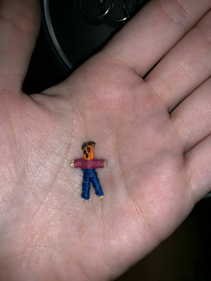 I Found This Little Guy Under A Stair In A Parking Garage At The Mall. The Clothing Is Made Out Of Thread And His Hair Is Made By What Seems Like Glue Dipped Into Dirt?