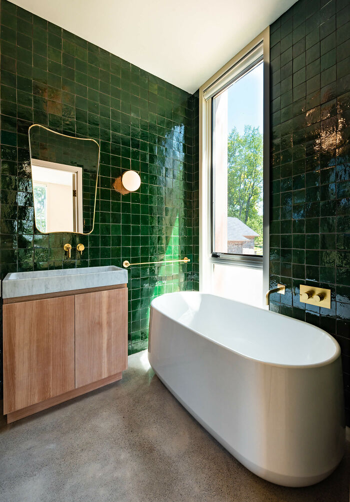 Bottle Green Tiles With A Hint Of Gold Chrome Plated Accessories - Love The Contrast In This Bathroom