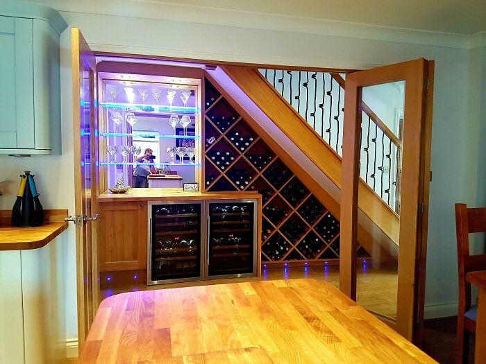 Guys.. A Staircase, Wine Rack And Bar I Designed And Built. The Customer Then Asked Me To Remove The Wall And Build Oak Bifold Doors So That They Could Look At It... Also Fitted The Kitchen