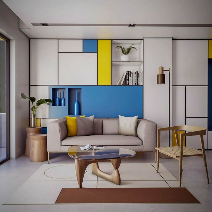 Designed A Living Room Inspired From Piet Mondrian's Work, Composition 3 With Blue, Yellow And White (1936)