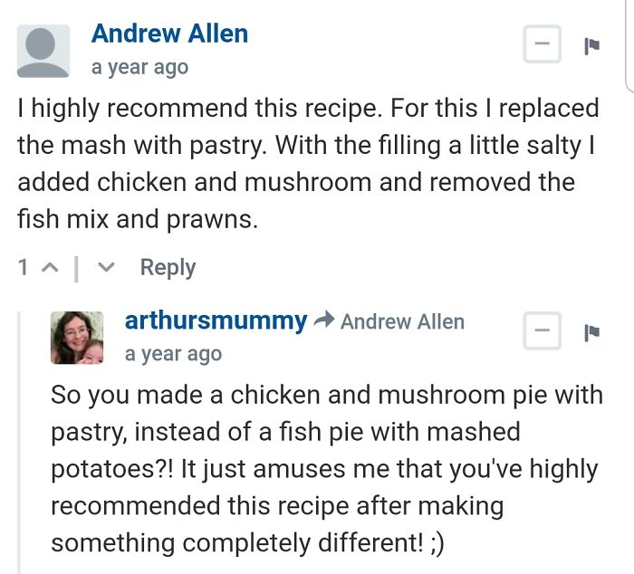 On A Recipe For Fish Pie. Love That They Got Called Out On It!