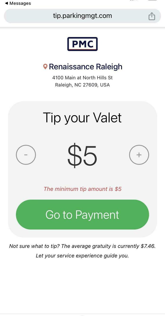 Valet Minimum Tip $5 / Average Tip $7.65