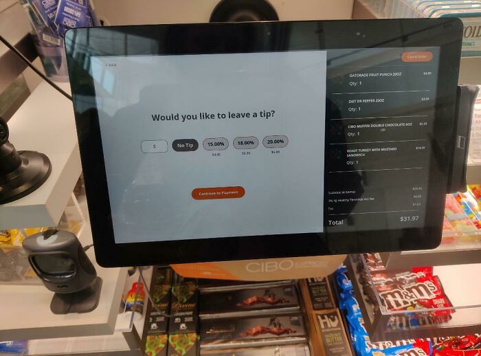 A Self-Checkout Kiosk Asking For A Tip