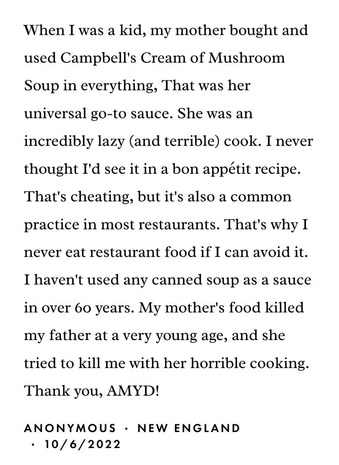 Glad I Found This Sub So I Can Share My All-Time Favorite Recipe Comment, Wherein The Author Accuses His Own Mother Of Murder Via Food