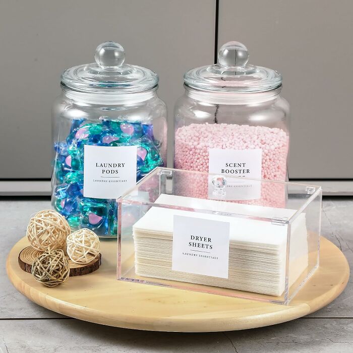 Laundry Room Upgrade: Glass Jars, Labels, And A Dash Of Acrylic Magic For Stylish Storage Fun!