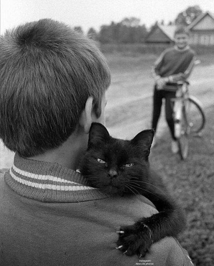 Abrazando a un gato negro, por Andy Prokh (1963)