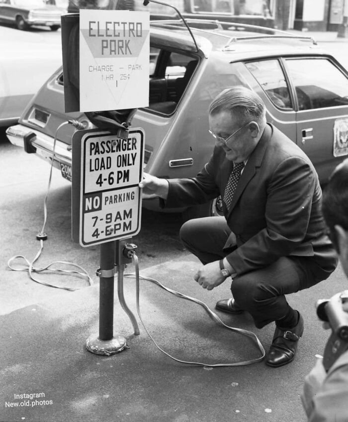 Charging An Electric Amc Gremlin At A Curbside Charging Station. 1hr For 25¢. Seattle, 1973
