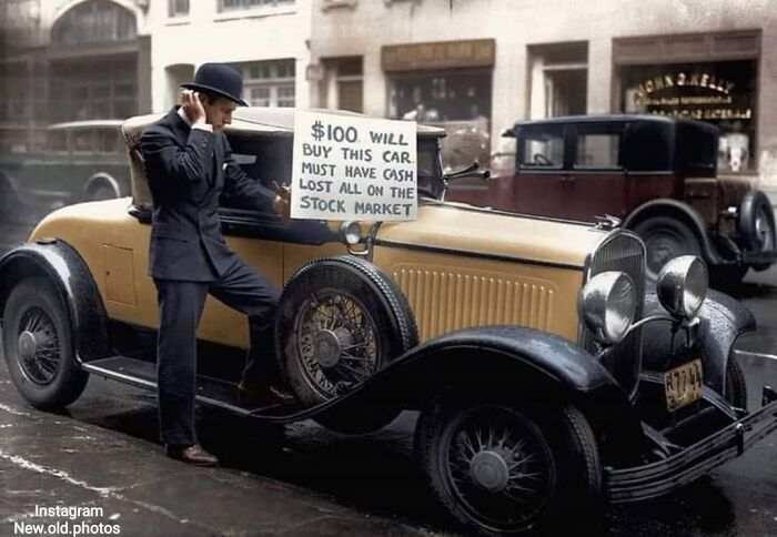 Bankrupt Investor Walter Thornton Attempts To Sell His Luxury Chrysler Imperial 75 Roadster For $100 On The Streets Of NYC, October 29, 1929. ( Colorized )