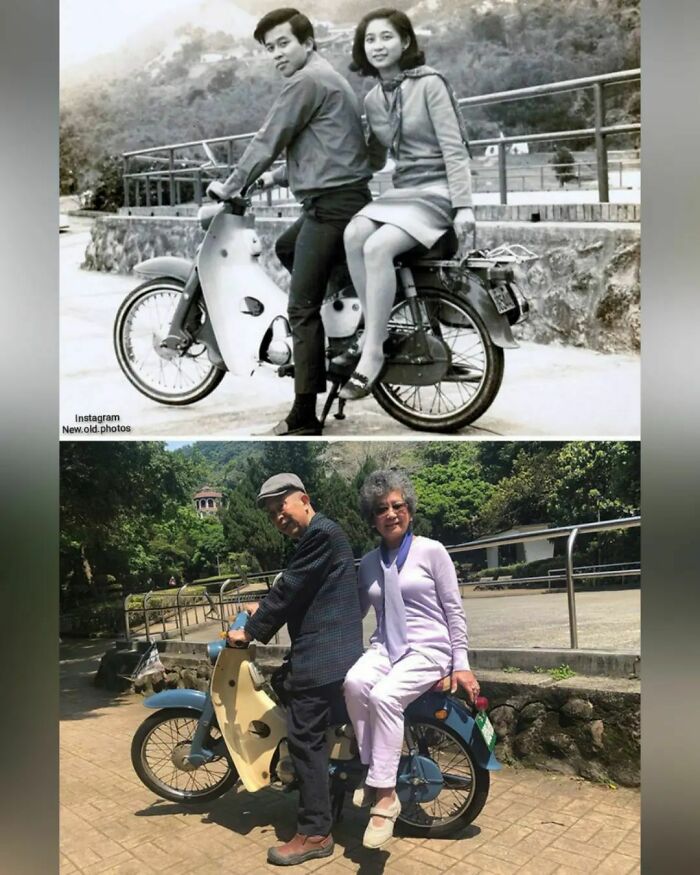 1967 || 2019 Misma moto, misma pareja 52 años después. fuente: Zhangzhesheng