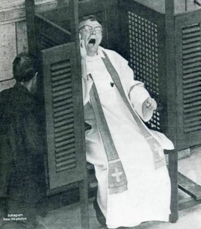 Priest Yawning In Confessional Via Vintage Life Magazine