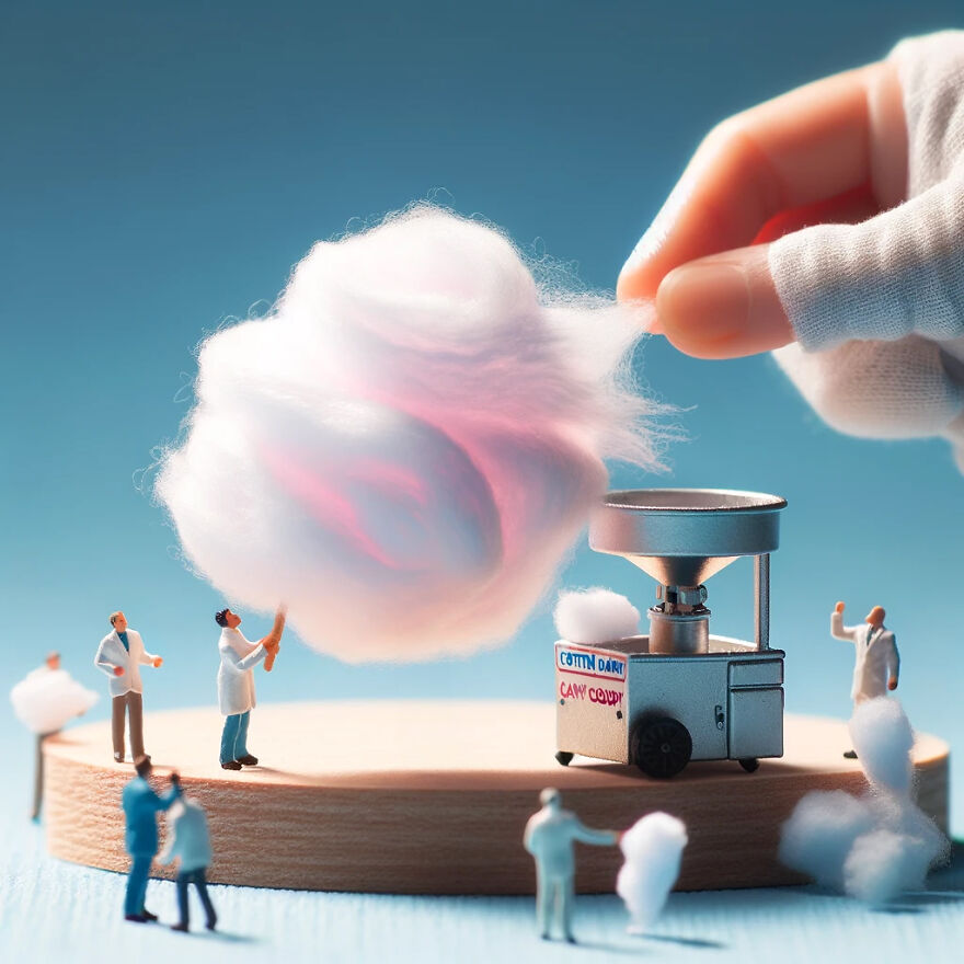 Tiny People Are Spinning Cotton Candy Until It Becomes A Cloud