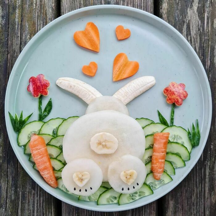 Bunny Is Made From Cucumber, Melon, Carrot, Apple, Banana, And Sesame Seeds