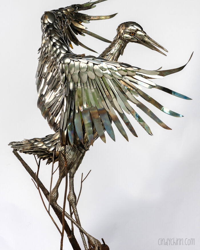 This Life-Size Sandhill Crane Is Made From Old Cutlery! Over 1500 Pieces Went Into This Sculpture