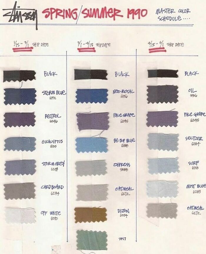 Stüssy Master Color Schedule From Spring/Summer 1990