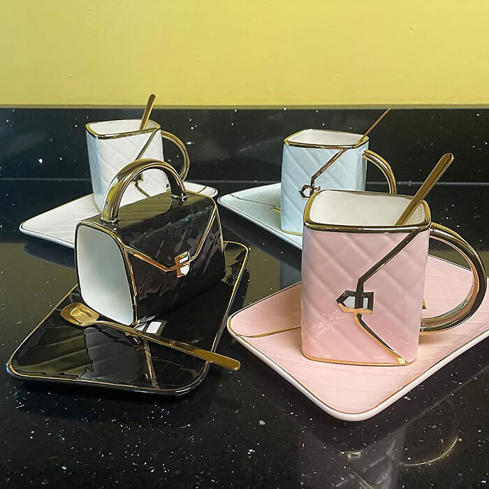 Chic And Fashionable Handbag Shaped Tea Cup Set - Ceramic Mug With Saucer And Spoon For Whimsical Tea Time Delight!