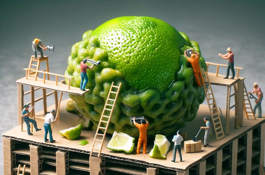 Tiny People Are Peeling The Rind Off A Kaffir Lime Until It Becomes A Lime