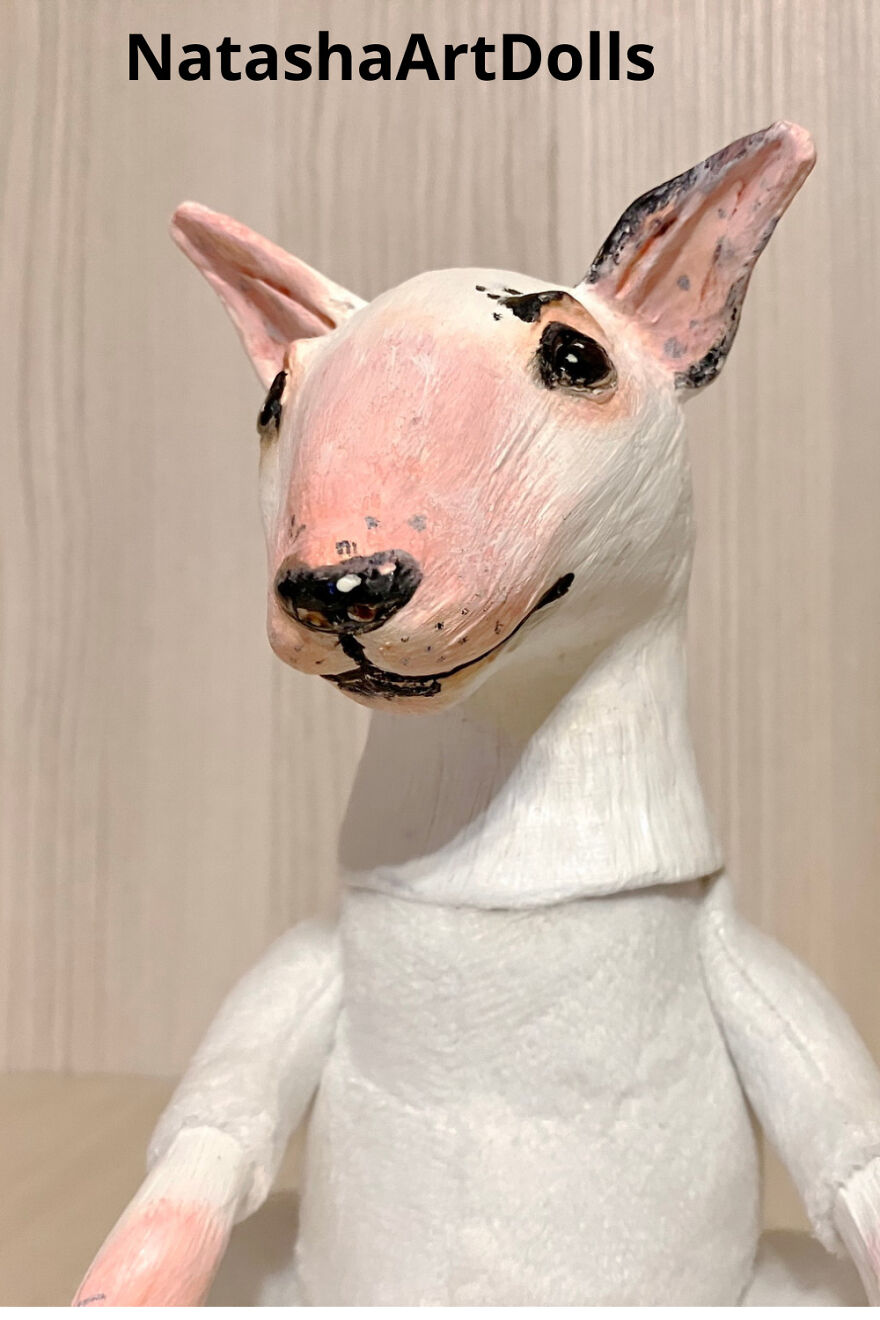Dog Bull Terrier Art Doll - Anthropomorphic Dog Figurine - Mixed Media Sculpture - Poseable Art Doll