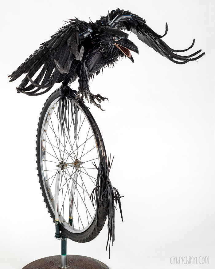 My Latest Bird Is A Raven Made From Old Bicycle Tires! The Feet Are Made From Scrap Rebar