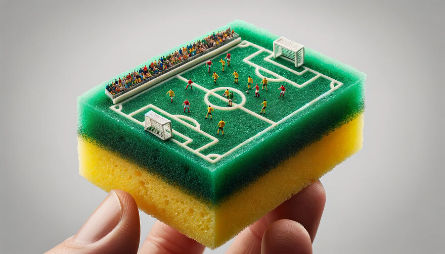 Tiny People Are Playing Soccer On A Scotch-Brite Pad