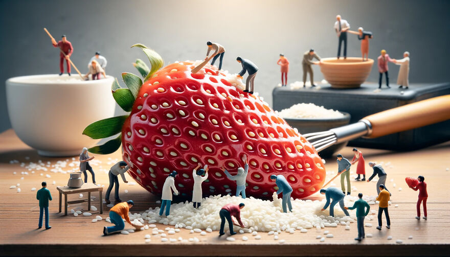 Tiny People Are Applying White Sesame Onto A Strawberry