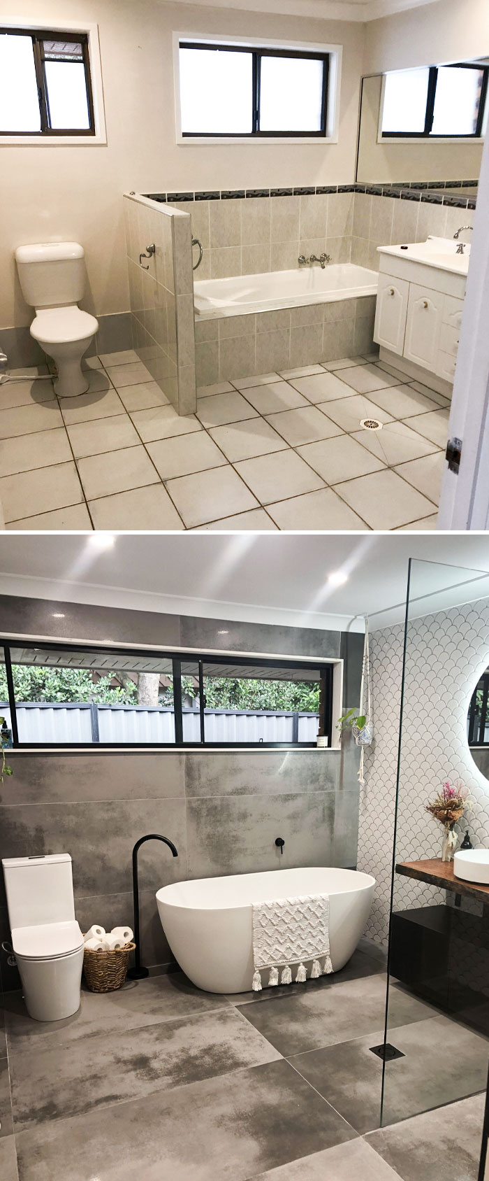 Before And After Of My Bathroom. It Cost Me Around $25,000. I Did All The Carpentry And Had To Rebuild The Walls Around The Shower As They Had Water Rot