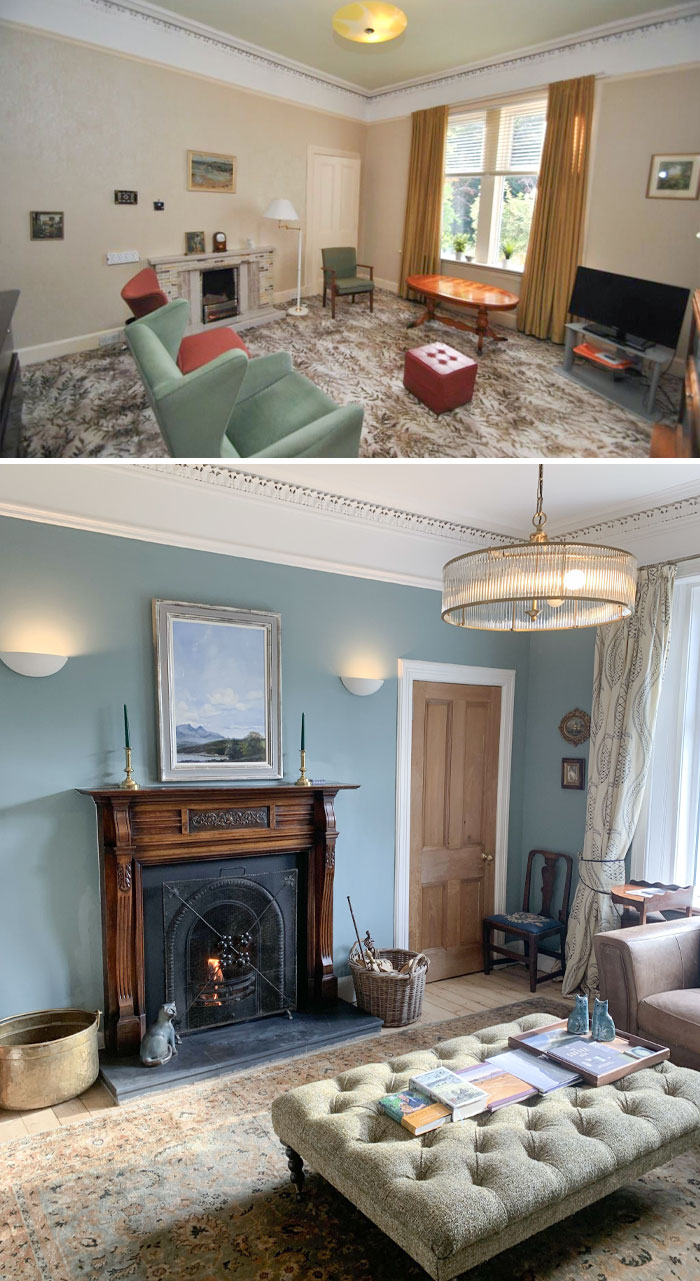 Before And After Of The Living Room In Our Edwardian House. We Bought This House Last July As A Real Doer-Upper. There's Still So Much To Do, But We're Really Happy With This Room