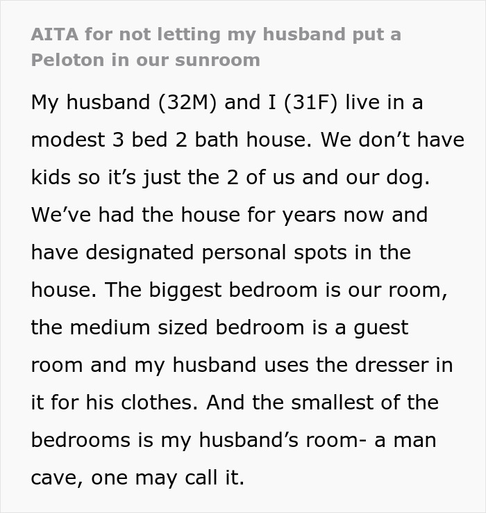 Woman Doesn’t Let Husband Invade Her Personal Corner At Home With His Peloton, Drama Ensues Woman Doesn’t Let Husband Invade Her Personal Corner At Home With His Peloton, Drama Ensues