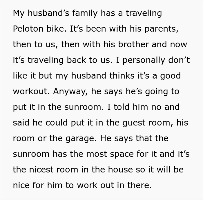 Woman Doesn’t Let Husband Invade Her Personal Corner At Home With His Peloton, Drama Ensues