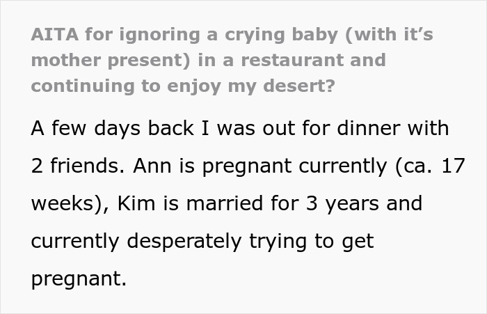 “AITA For Ignoring A Crying Baby In A Restaurant And Continuing To Enjoy My Dessert?” “AITA For Ignoring A Crying Baby In A Restaurant And Continuing To Enjoy My Dessert?”