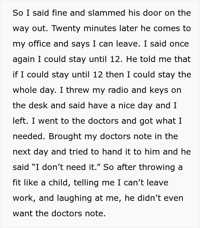 Jerk Boss Mocks Employee For Taking First Half A Day Off In 10 Months, It Backfires Jerk Boss Mocks Employee For Taking First Half A Day Off In 10 Months, It Backfires