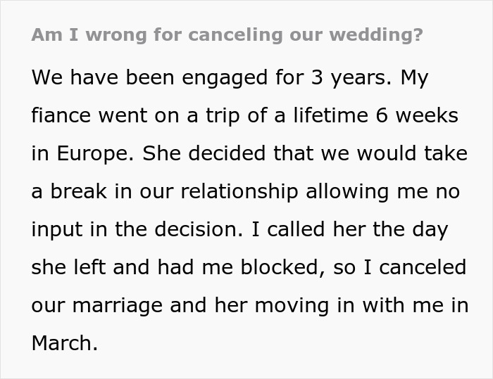 Woman Goes Radio Silent On Fiancé For Her Europe Trip, Is Shocked He Canceled The Wedding Woman Goes Radio Silent On Fiancé For Her Europe Trip, Is Shocked He Canceled The Wedding