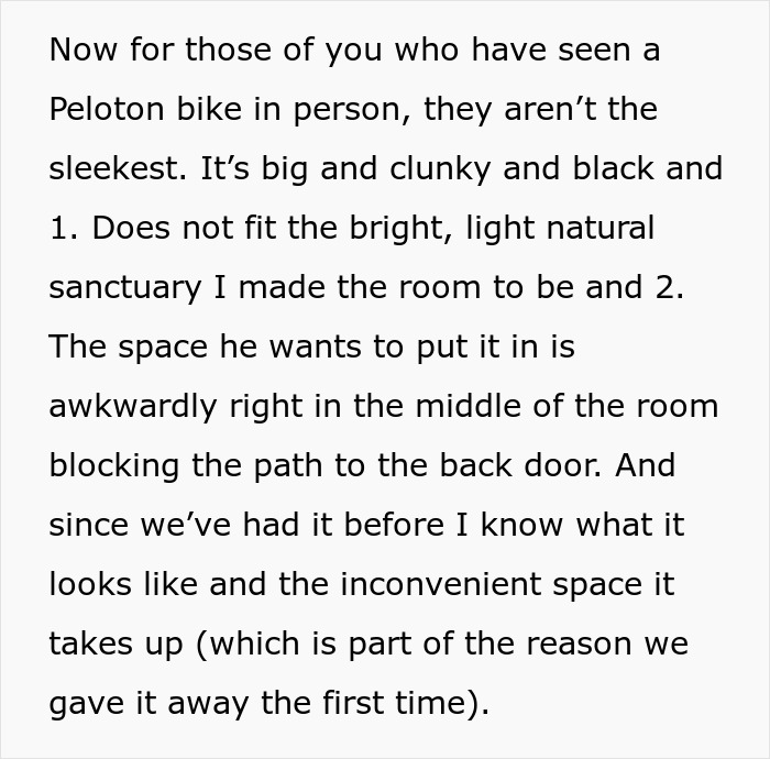 Woman Doesn’t Let Husband Invade Her Personal Corner At Home With His Peloton, Drama Ensues Woman Doesn’t Let Husband Invade Her Personal Corner At Home With His Peloton, Drama Ensues