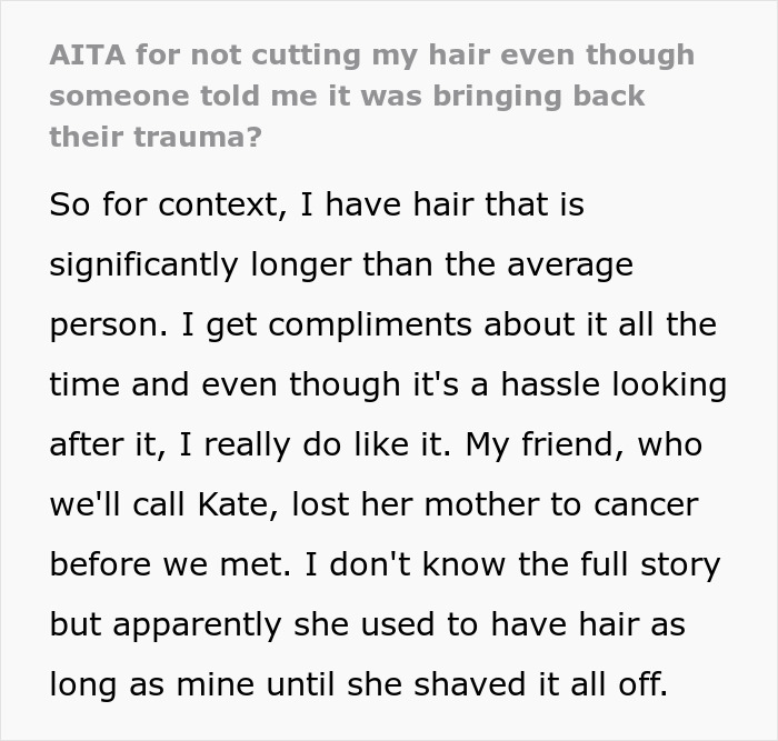 Woman Is Stunned When A Friend Asks Her To Cut Off Her Hair, Claiming It Reminds Her Of Her Trauma Woman Is Stunned When A Friend Asks Her To Cut Off Her Hair, Claiming It Reminds Her Of Her Trauma