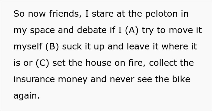 Woman Doesn’t Let Husband Invade Her Personal Corner At Home With His Peloton, Drama Ensues Woman Doesn’t Let Husband Invade Her Personal Corner At Home With His Peloton, Drama Ensues