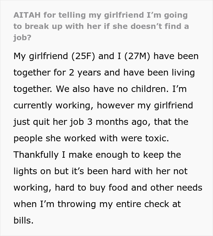“She Is Insane”: Man Gives “Stay-At-Home GF” An Ultimatum After Being Told To Get A Second Job “She Is Insane”: Man Gives “Stay-At-Home GF” An Ultimatum After Being Told To Get A Second Job