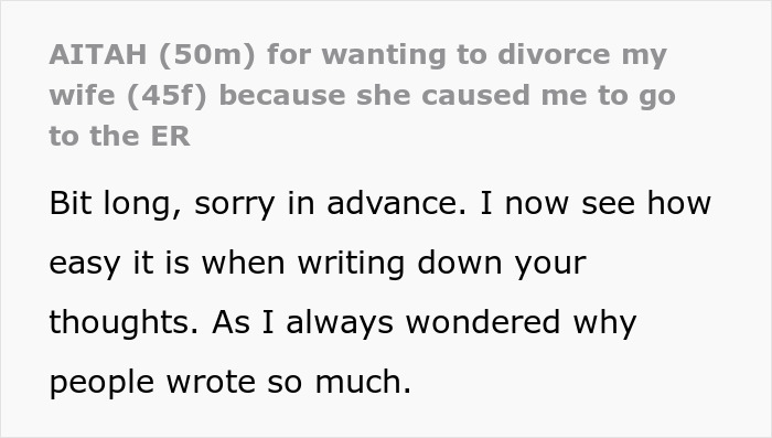 "AITA For Wanting To Divorce My Wife Because She Caused Me To Go To The ER?"