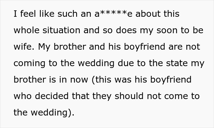 "AITA For Uninviting My Gay Brother And His Boyfriend To My Wedding?" "AITA For Uninviting My Gay Brother And His Boyfriend To My Wedding?"