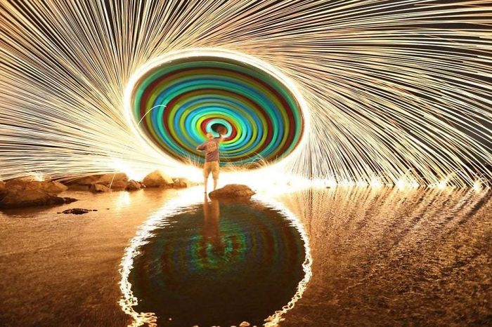 What Happens When You Swing A String Of Glow Sticks With Burning Steel Wool At The End And Take A Long Exposure Photo