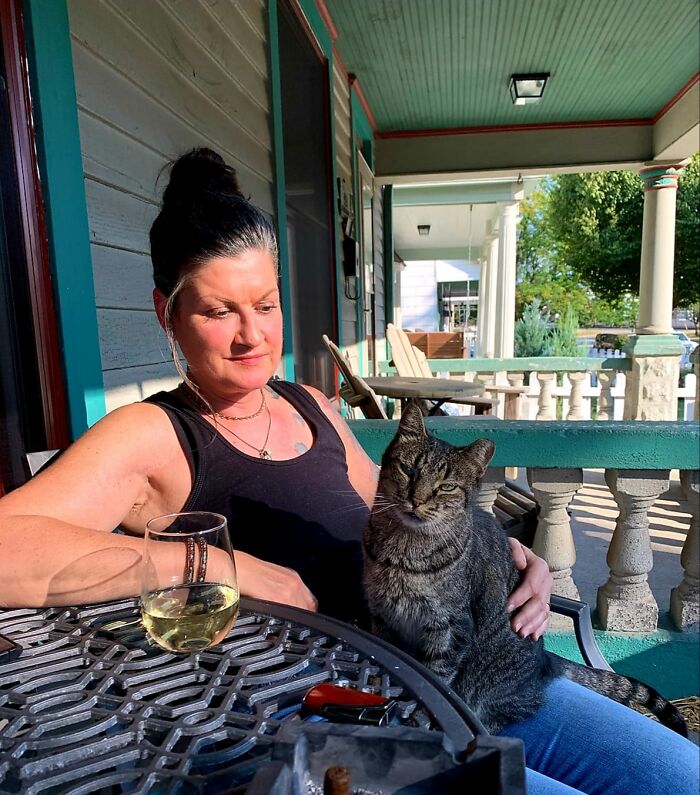 My House. Not My Cat. It Only Took 10 Years, But One Of Our Long Term Ferals We Have Cared For Just Crawled Into My Lap. I've Never Felt More Honored