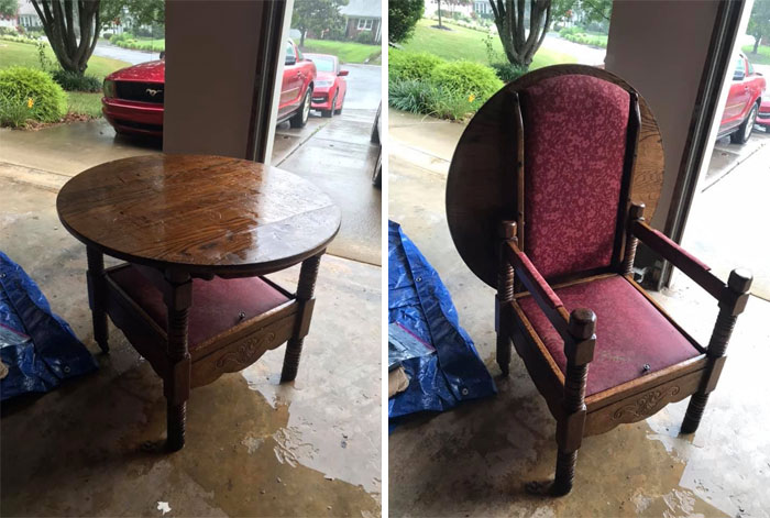 Pulled Up To A Friends House And Her Neighbor Had This Thrown Out By The Road In The Rain. I Had To Swoop In And Save The Day With This Unique Unicorn Of A Flippy Chair Table