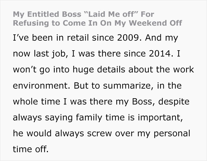 Boss Asks Employee To Come In On Their Day Off, Fires Them After They Say ‘No’
