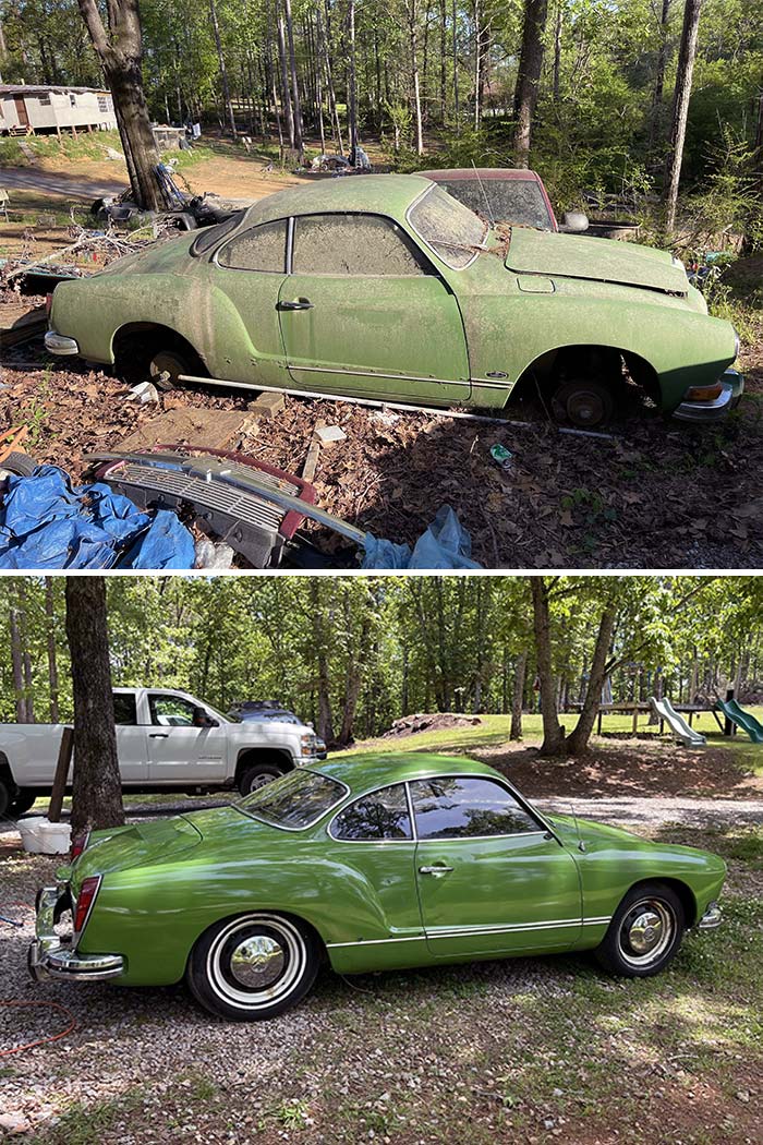 A Little Before And After. Paid $1000 For A '72 Ghia That Had Been Sitting In Yard 5 Years Under A Tree. High-Speed Wool Pad And Polishing/Cutting Compound