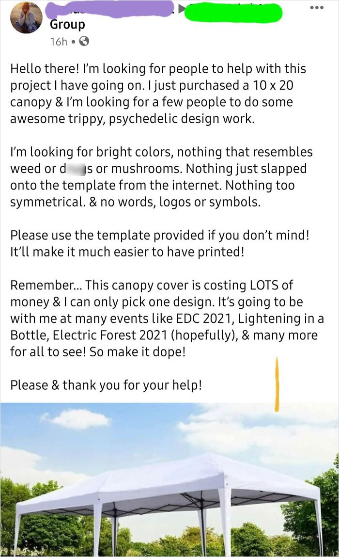 Choosing Beggar Asks For Free Artwork In A Facebook Artists Group; Can't Afford To Pay Because She "Already Spent $1200 On The Canopy". Bonus: Op Is Also A Total Piece Of Sh*t Who Gets Multiple Duis!