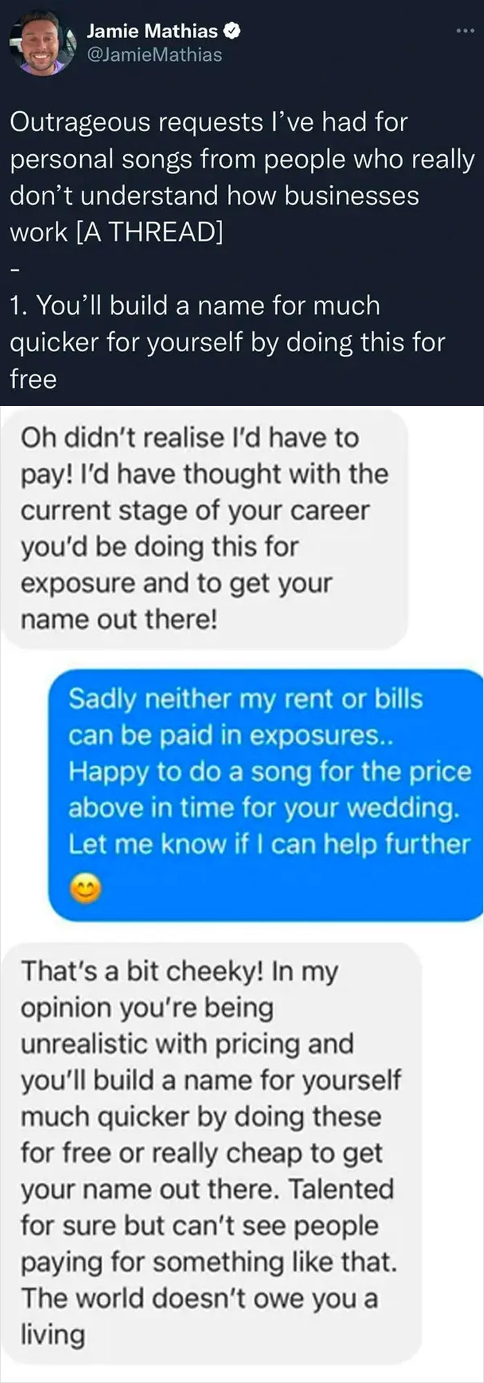 This Person Suggesting A Singer-Songwriter Make Them A Free Song For Their Wedding Because ~exposure