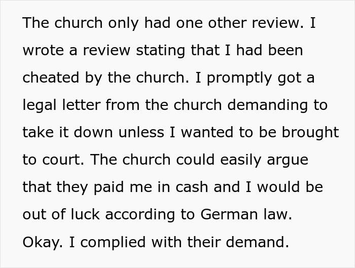 Church Demands Tradesman Take Down A Review Or Get Sued, He Shuts Them Down With Another Review Church Demands Tradesman Take Down A Review Or Get Sued, He Shuts Them Down With Another Review