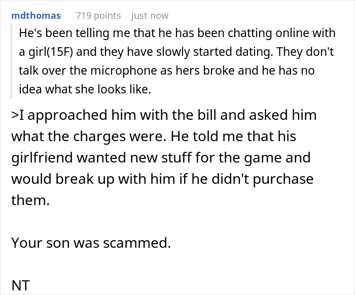 16 Y.O. Can’t See His ‘GF’ Demanding Gifts Is A Scammer, Dad Takes Away His Credit Card Privileges