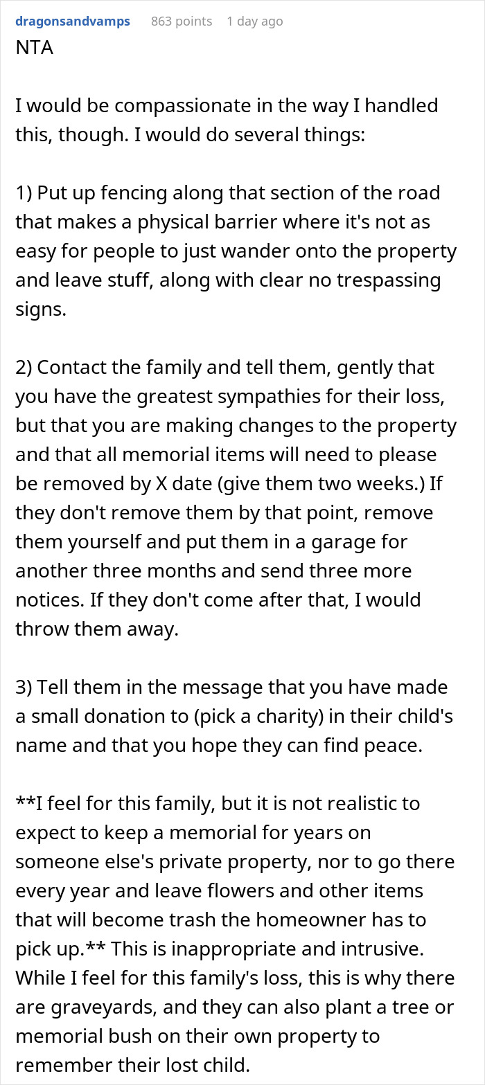 Man Asks If He’d Be A Jerk To Ask Parents To Remove Their Child’s Memorial From His Property Man Asks If He’d Be A Jerk To Ask Parents To Remove Their Child’s Memorial From His Property