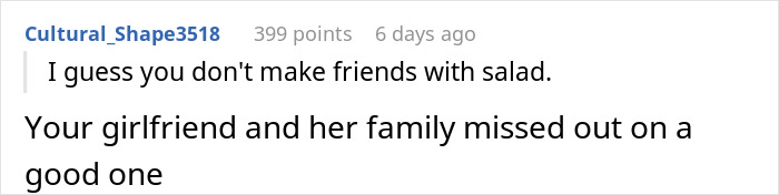 “Pass The Salad”: Silence Settles As Family Realize Woman’s BF Understood Their Insults Toward Him “Pass The Salad”: Silence Settles As Family Realize Woman’s BF Understood Their Insults Toward Him