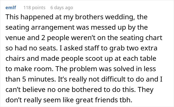 Person Attends 'Best Friend's' Wedding, Finds No Saved Seat For Them At The Reception